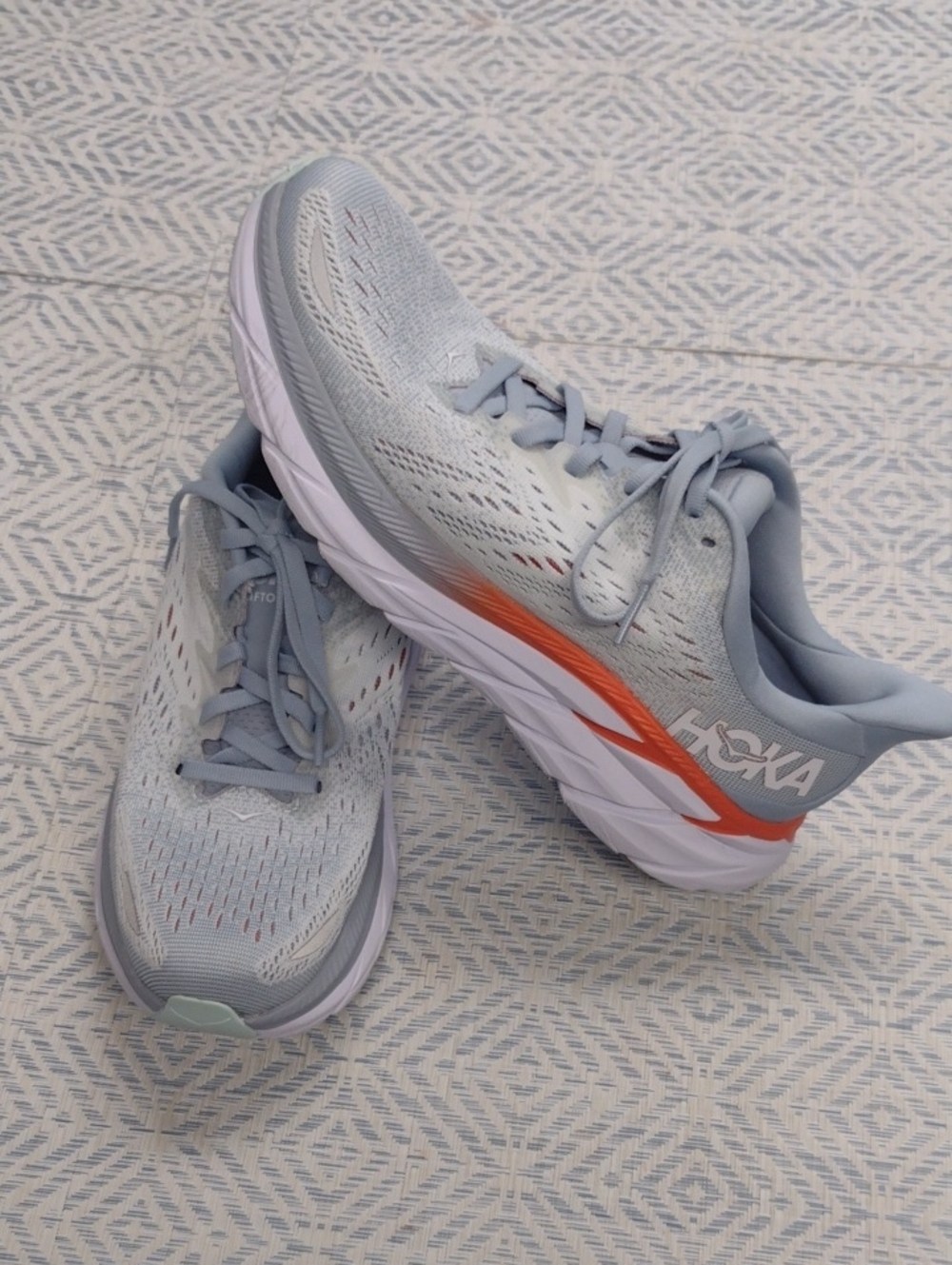 Hoka One One Clifton 8 Light Gray and Coral Athletic Shoe .